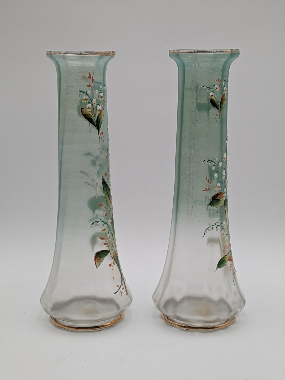 (2) Bohemia Satin Glass Enameled Hand Painted Lily of the Valley Vases 14″
