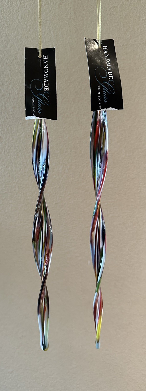 Set Of 2 Jumbo Hand Blown 16.5” Art Glass Swirl Icicle Ornaments-Made In Poland