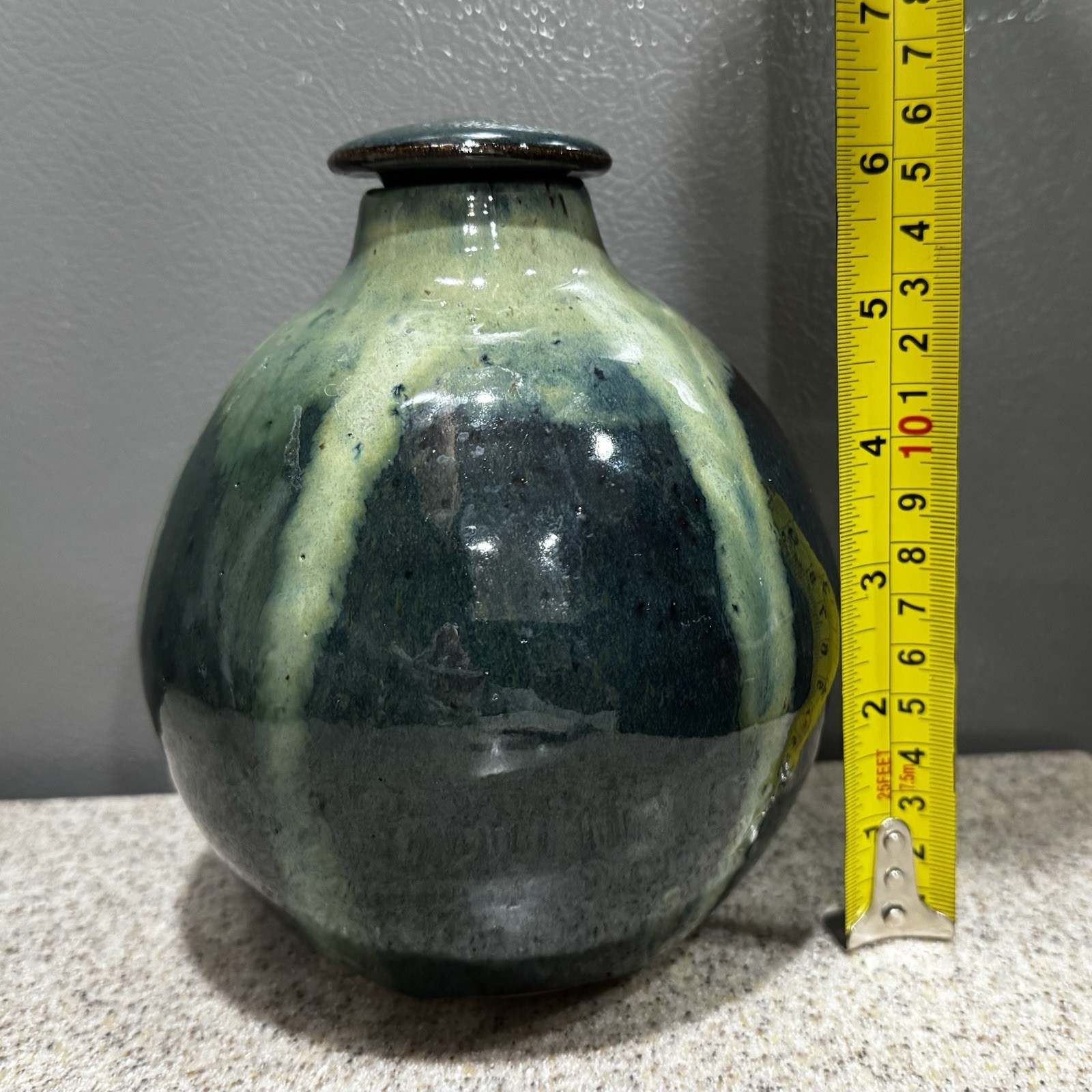 Stunning OOAK Hand Thrown Green Heavy Glazed Round Bud Vase Lidded Marked EUC!