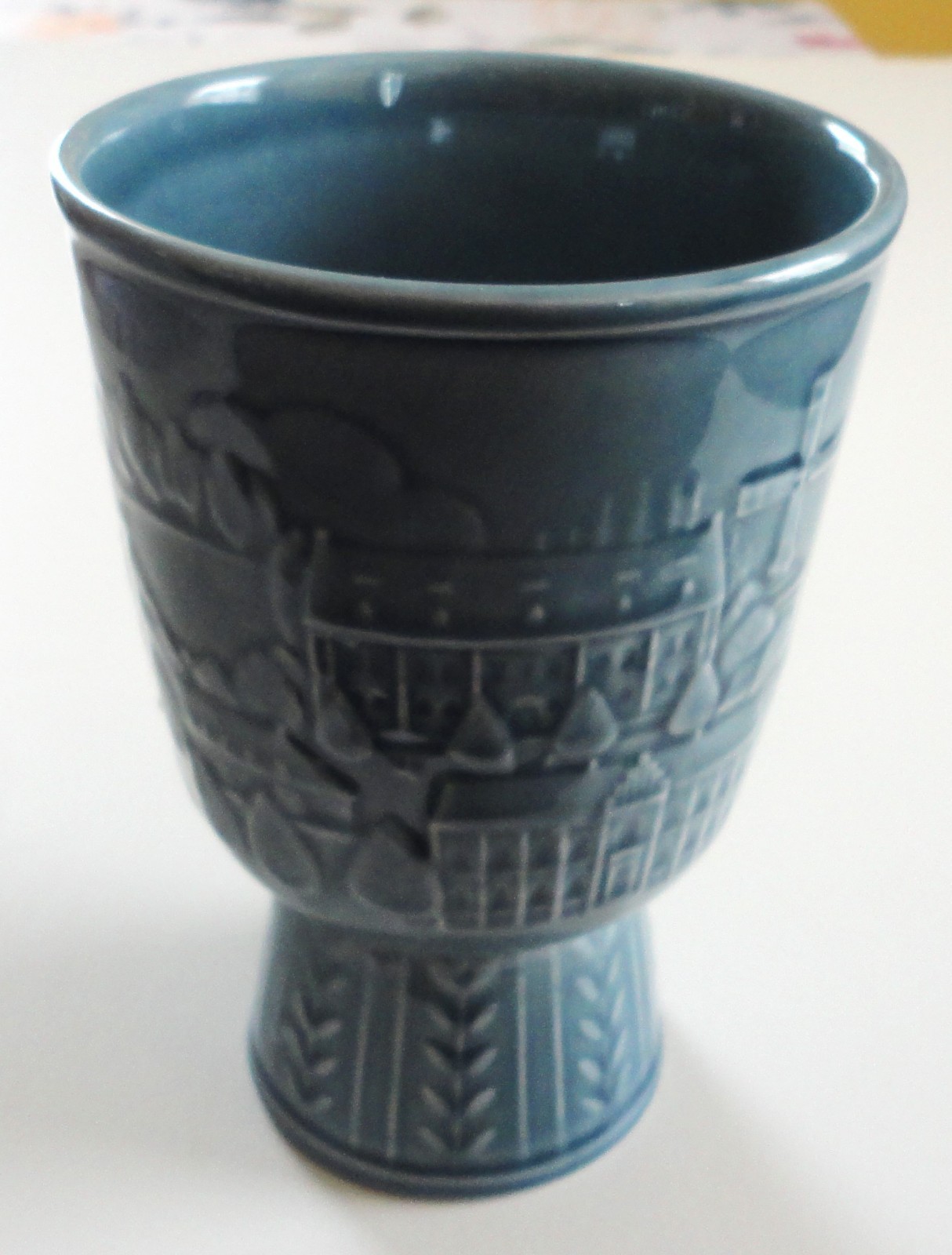 Midcentury Gunnar Nylund Vase Embossed Skara Town Scene Blue Rorstrand Sweden