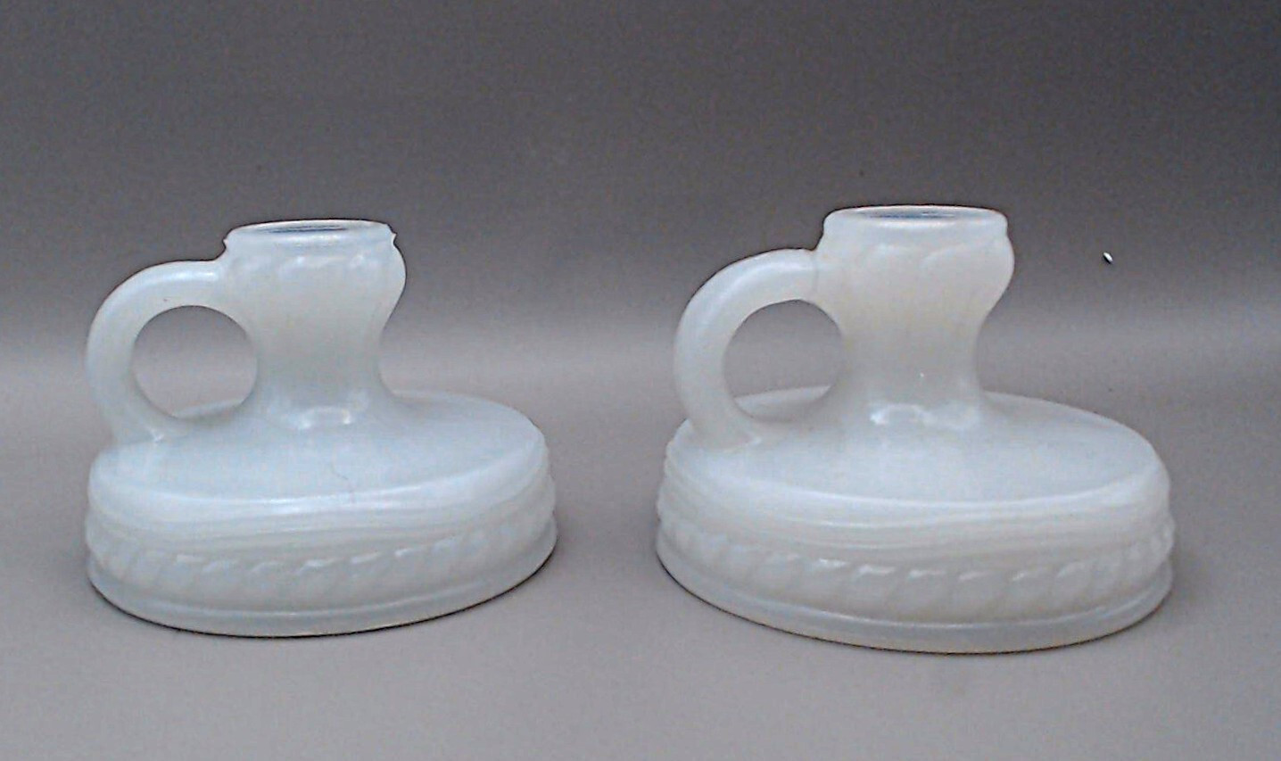 Pair of Akro Agate Milk Glass Candle Holders Chamber Sticks. 2.75″ dia. 2″ tall