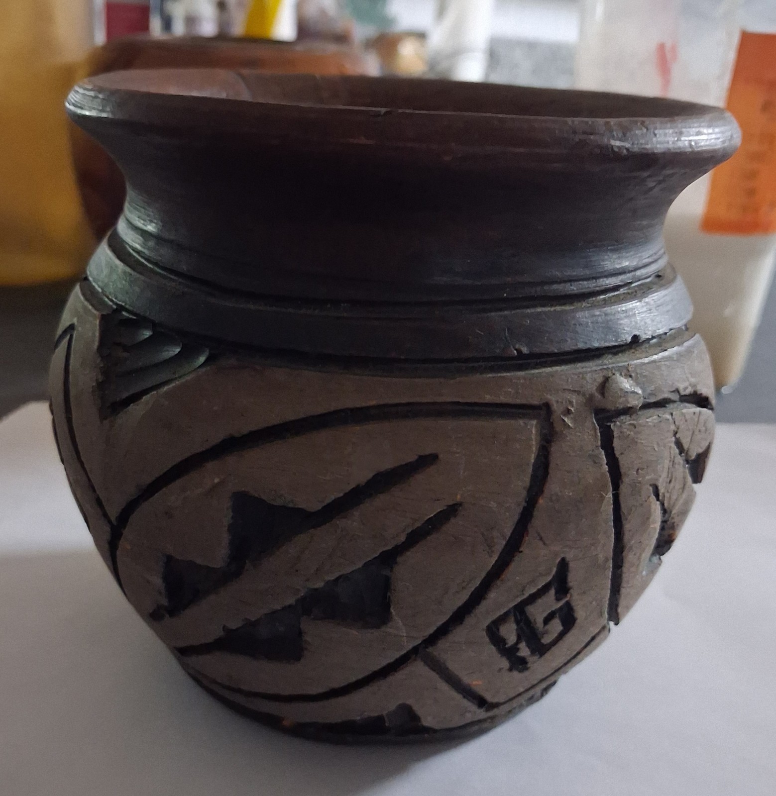 Brazil Handmade Carved Clay Art Pottery Vase, Brown & Black Geometric Decor