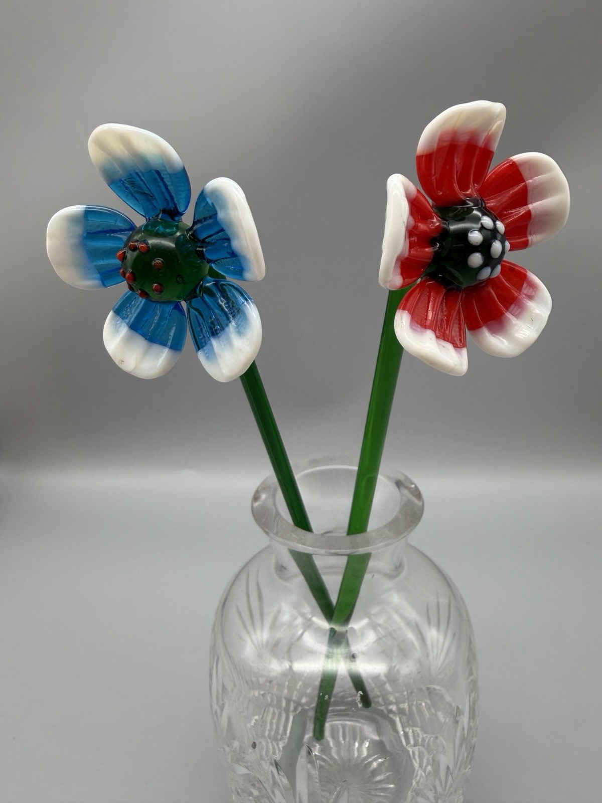 Pair of Vintage Art Glass Flowers Red Blue White Green Blown Glass Sculptures
