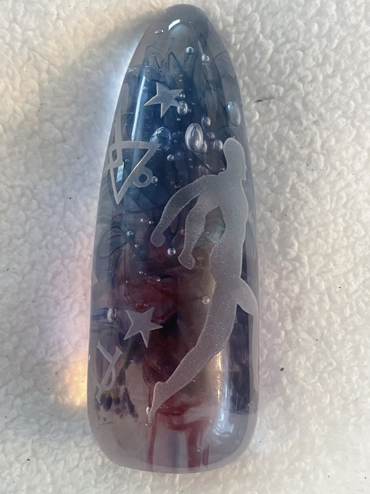 Lg Unusual Rare Duncan McClellan Art Glass Paperweight Etched Man Stars Symbols