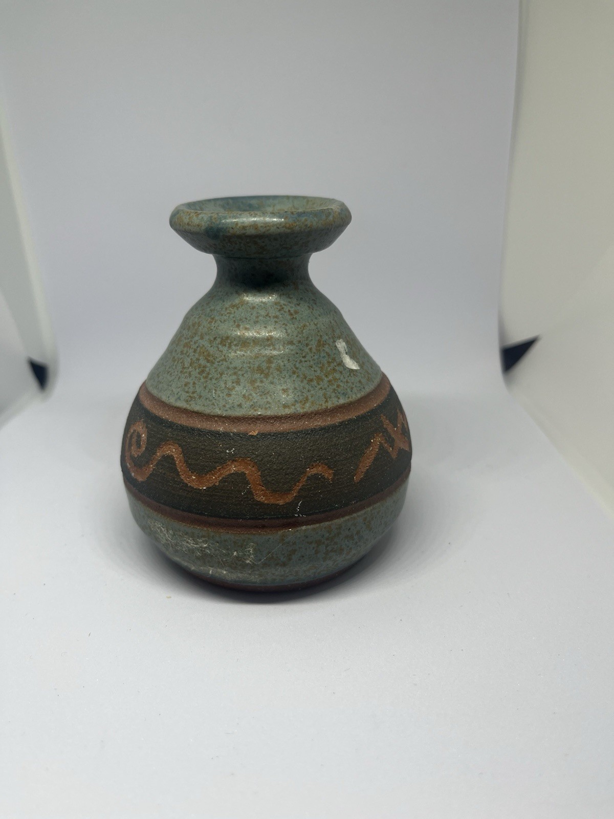 Small Red Clay Pottery Bud Vase Blue and Black 4″ Handmade With Symbols