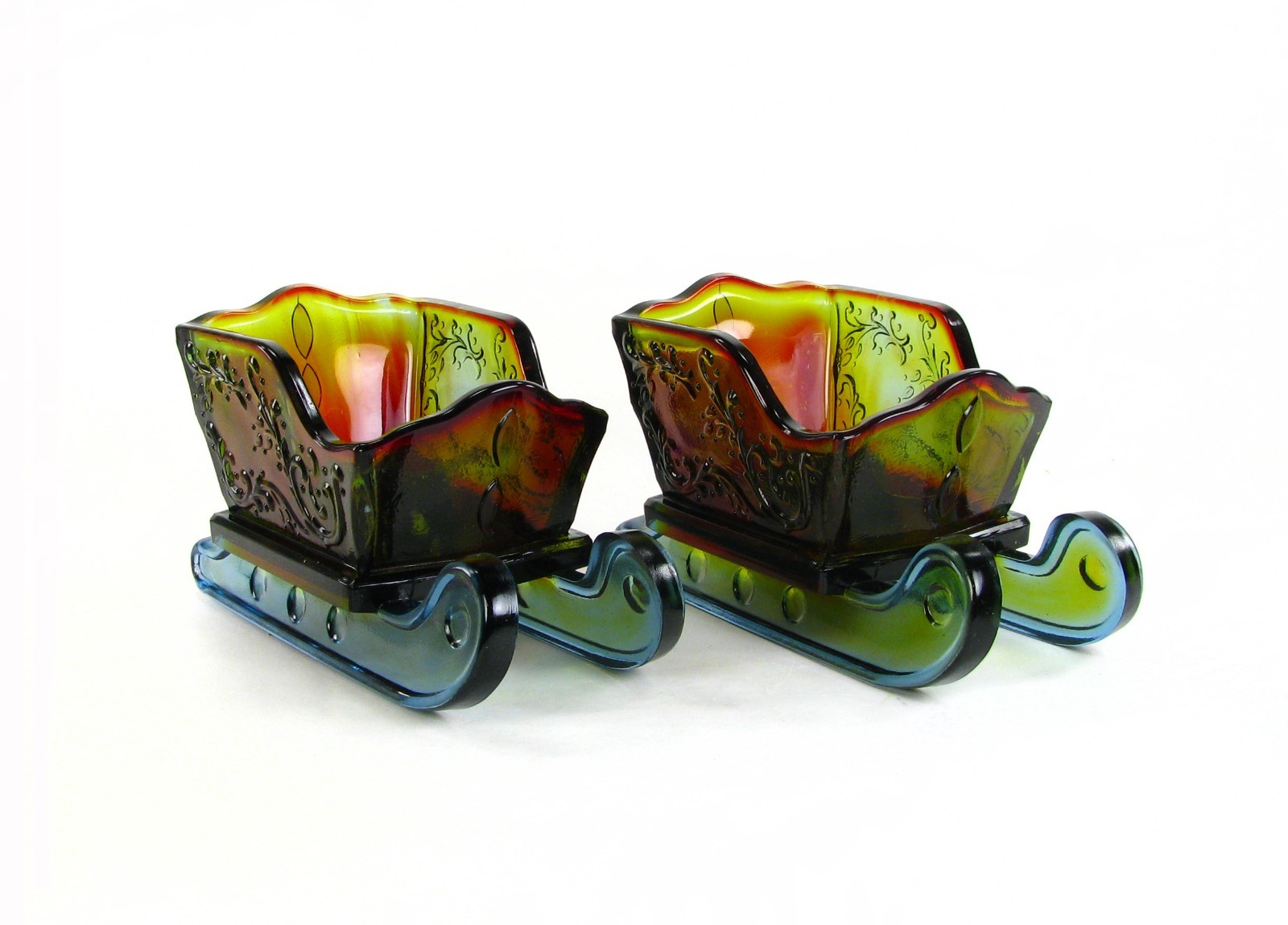 Boyd Glass Pair of Rubina Christmas Sleigh Candle Holders – 1985 – Some UV Glow