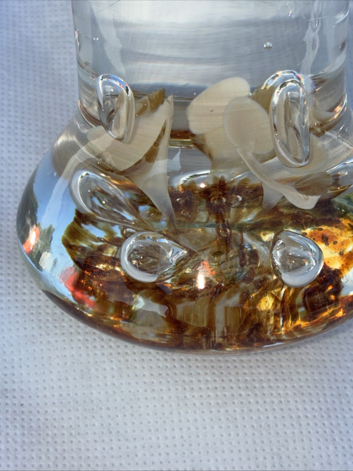 Joe Rice Bell Shaped Paper Weight Clear & Gold Tinted White Tall Flowers