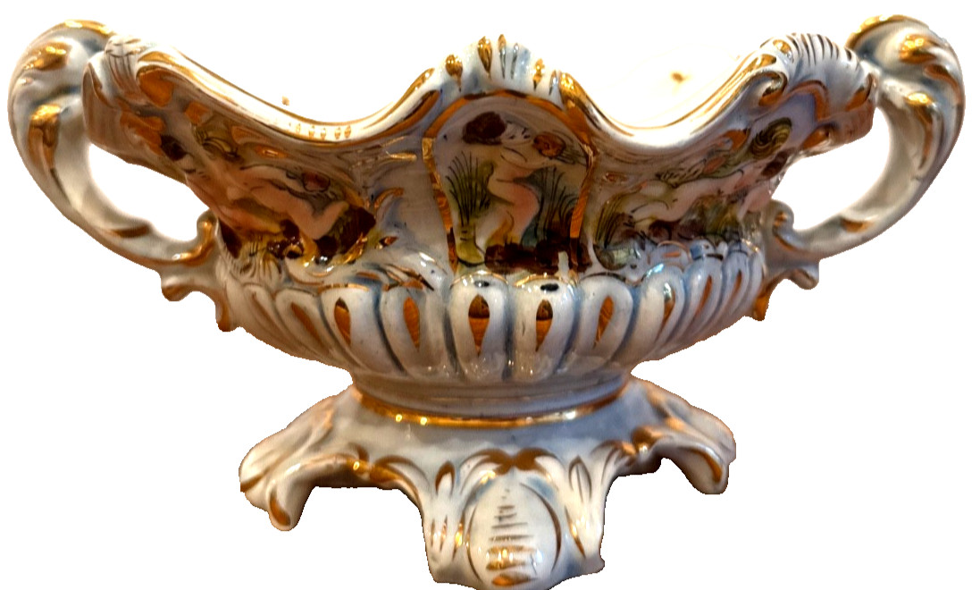 Antique European Cherub Porcelain Compote Gilt Footed Centerpiece Bowl