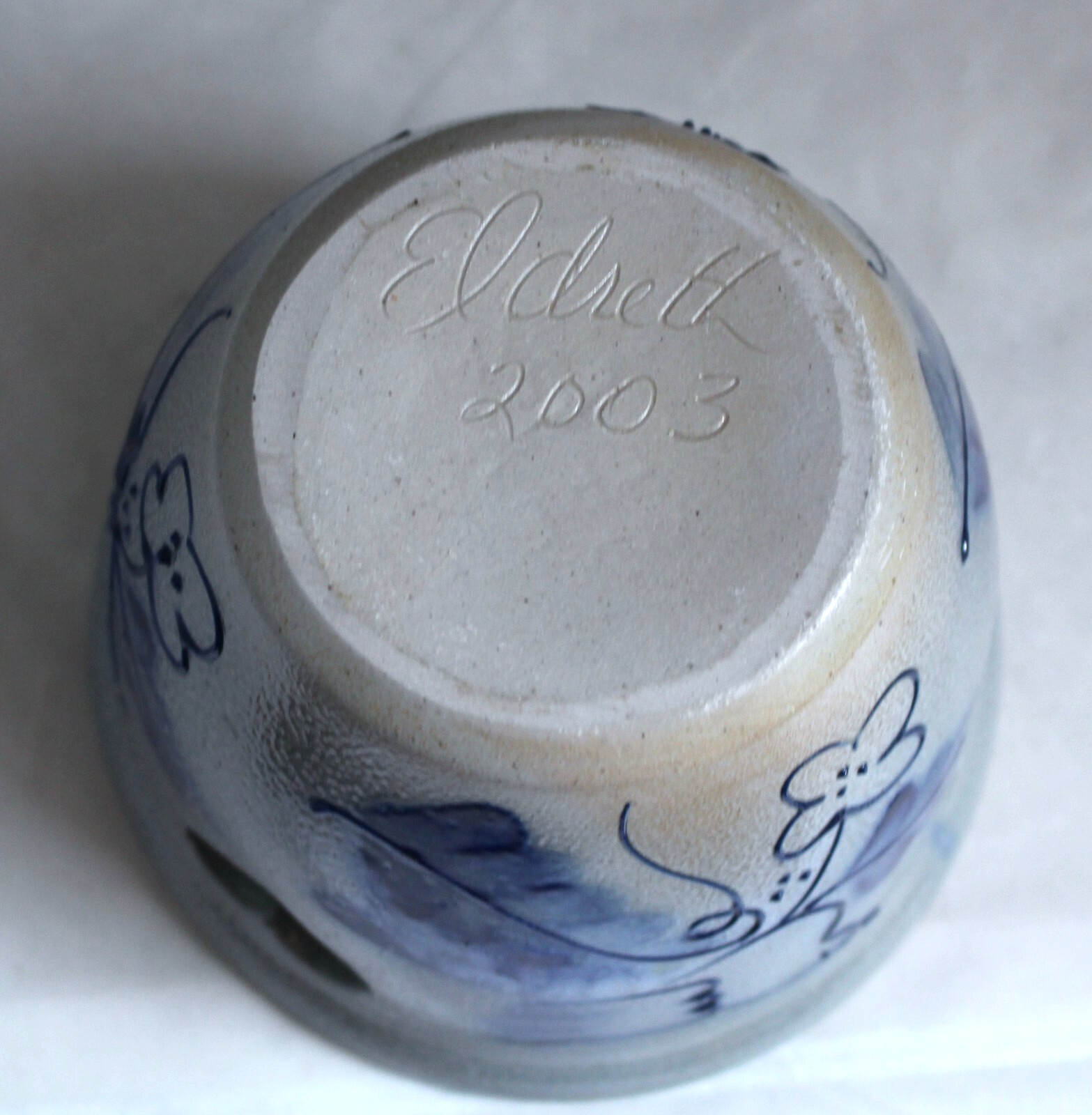 Eldreth Pottery Crock Salt Glaze 2003 Bird Design Heart Cut Outs