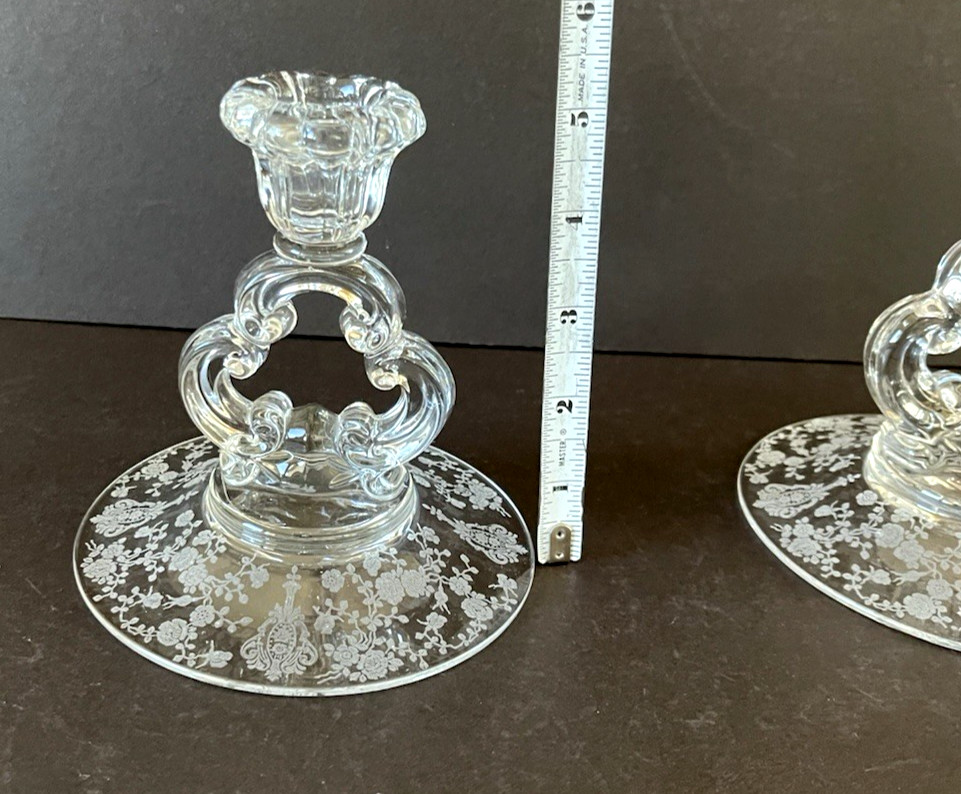 Cambridge Rose Point Etched Glass Keyhole Candlesticks Single Taper Set of 2