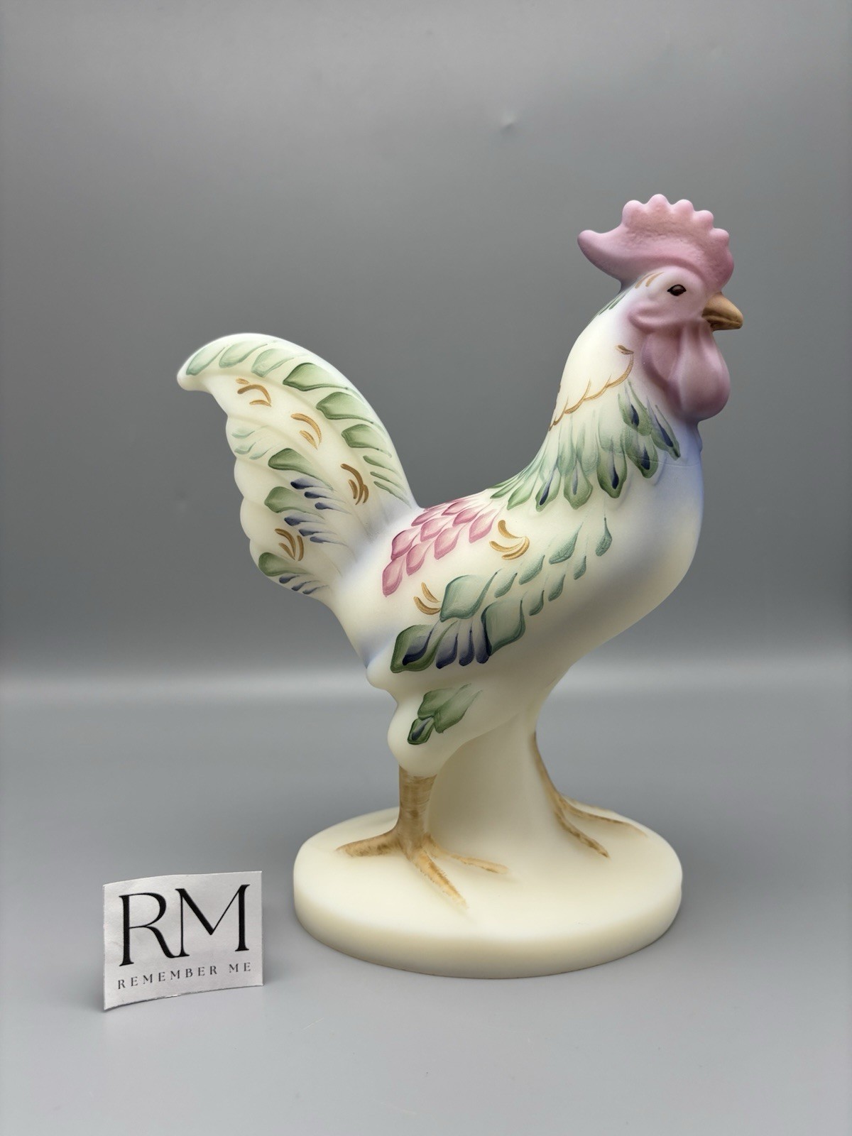 Fenton Burmese Satin Pink Rooster – Folk Art Collection – B. Fluharty – 8.5″h