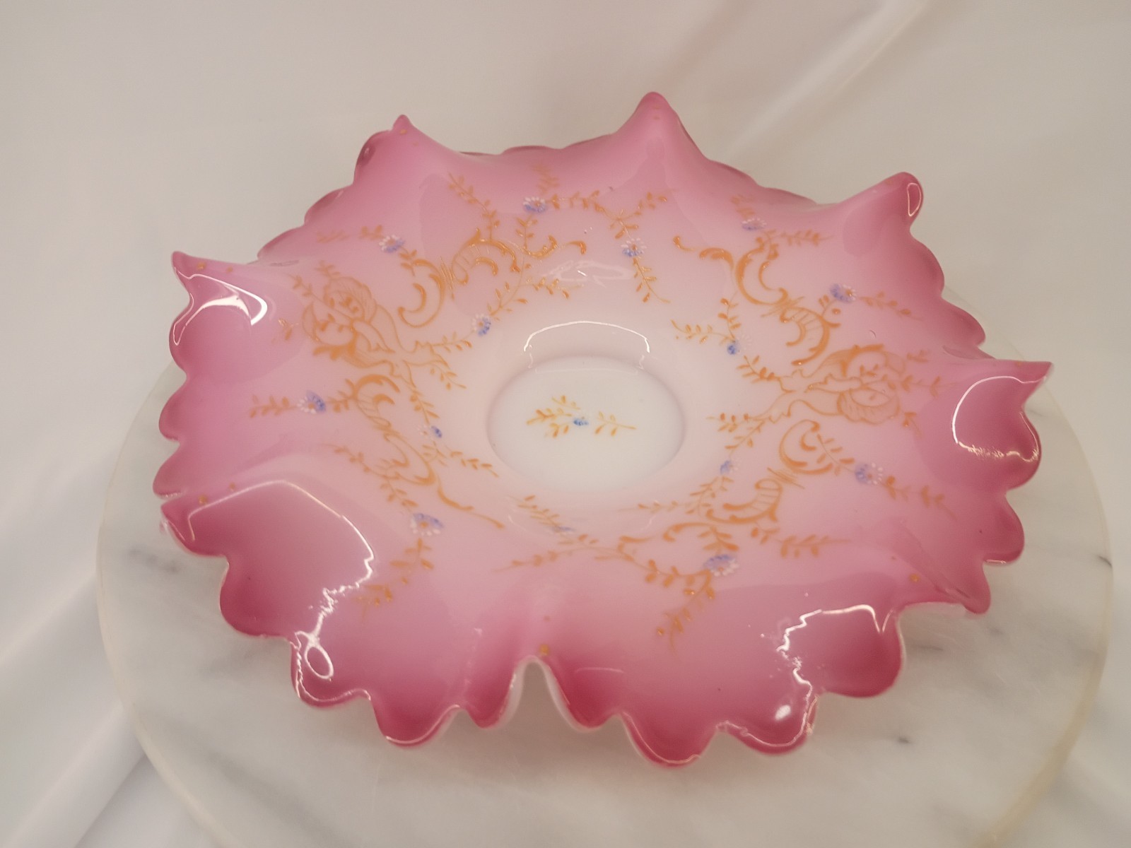 Antique Victorian Pink Peach Blow Cased Art Glass Bride’s Basket Bowl 9 3/4″
