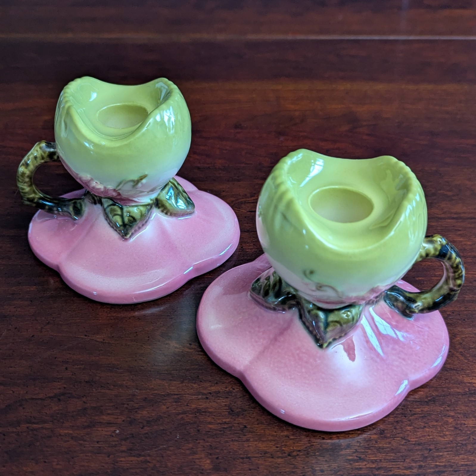 Vintage 1950s Hull Pottery Woodland Peach Green W30 Candlestick Holders MCM