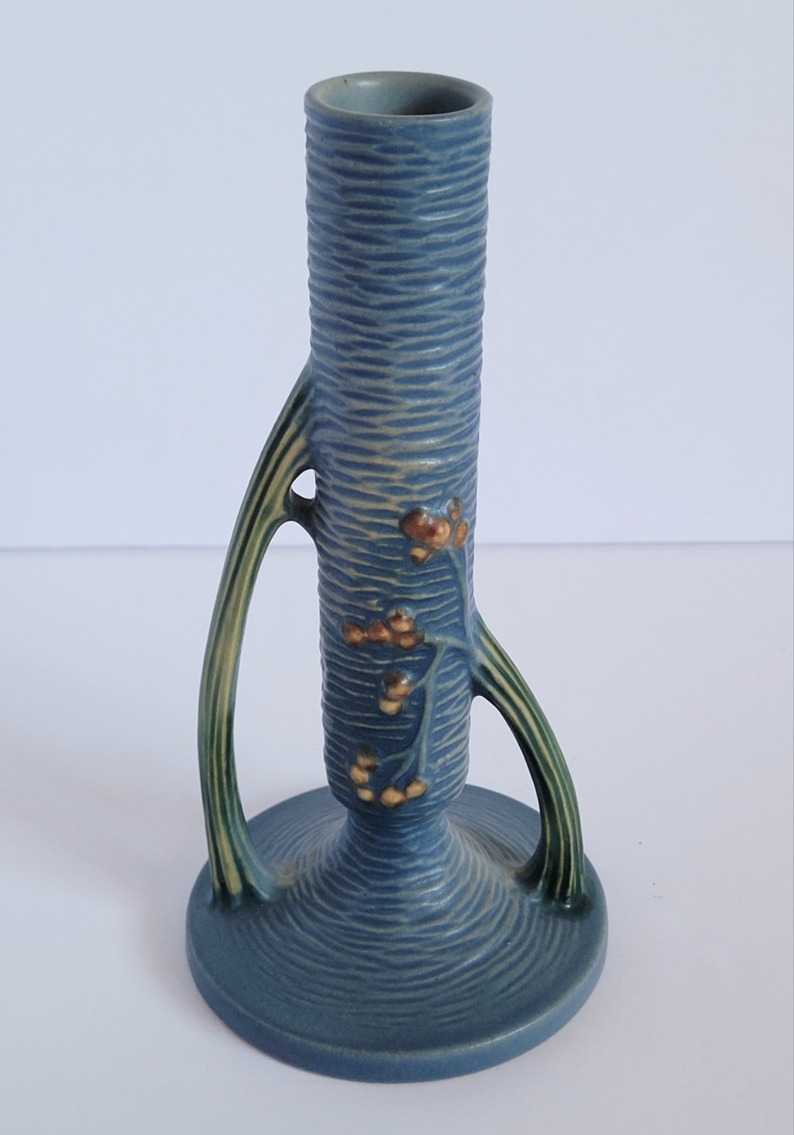 Vintage Roseville Bushberry Blue Art Pottery Bud Vase Ceramic #152 Basketweave