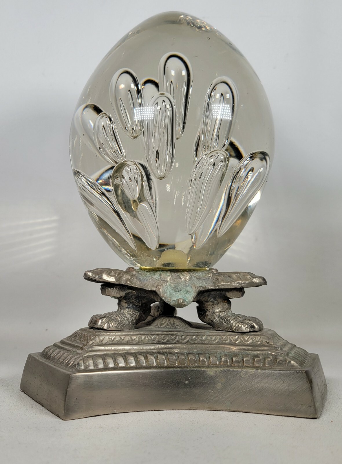 Vtg 7-1/2 in. Tall Controlled Bubble Glass Egg on Decorative Rustic Metal Base