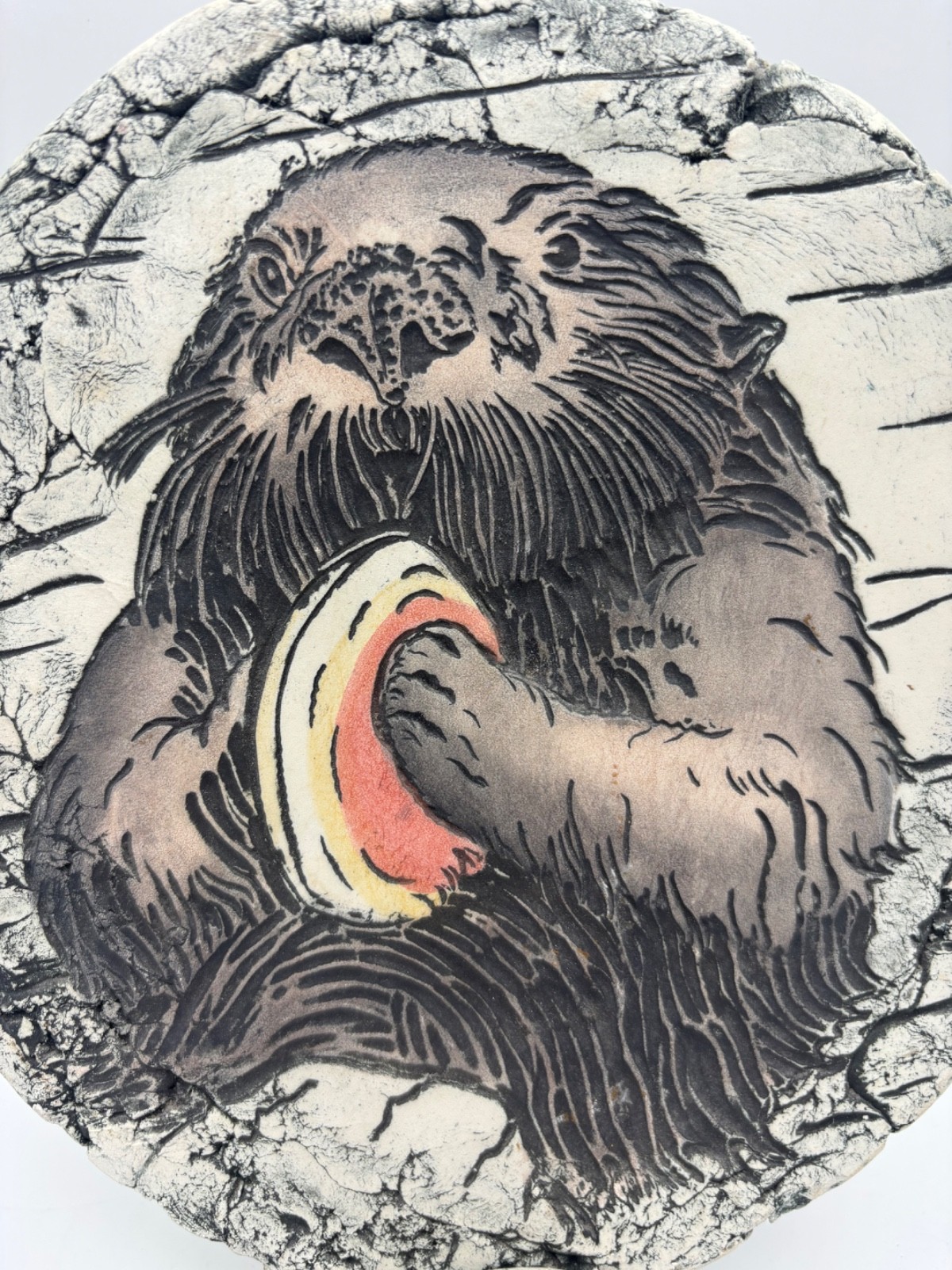Studio Pottery Otter Holding Prized Clam with Stand, Unique Art Signed By Artist