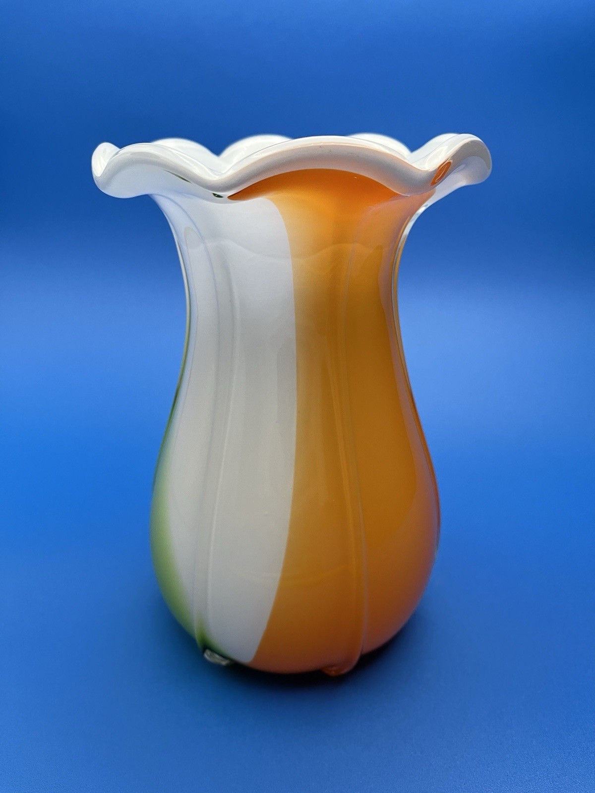 Vintage Murano Style Heavy 7.5” Art Glass Vase White, Green, and Orange