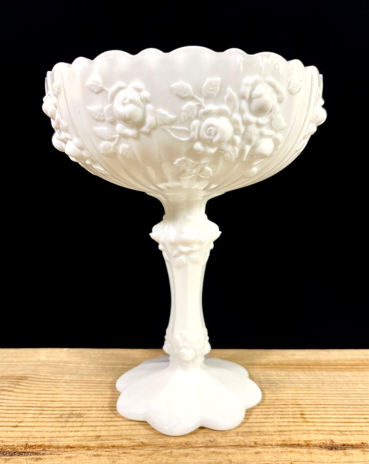 Vtg FENTON Milk White Cabbage Rose 7.5″ Compote Bowl Pedestal Candy Dish Jar