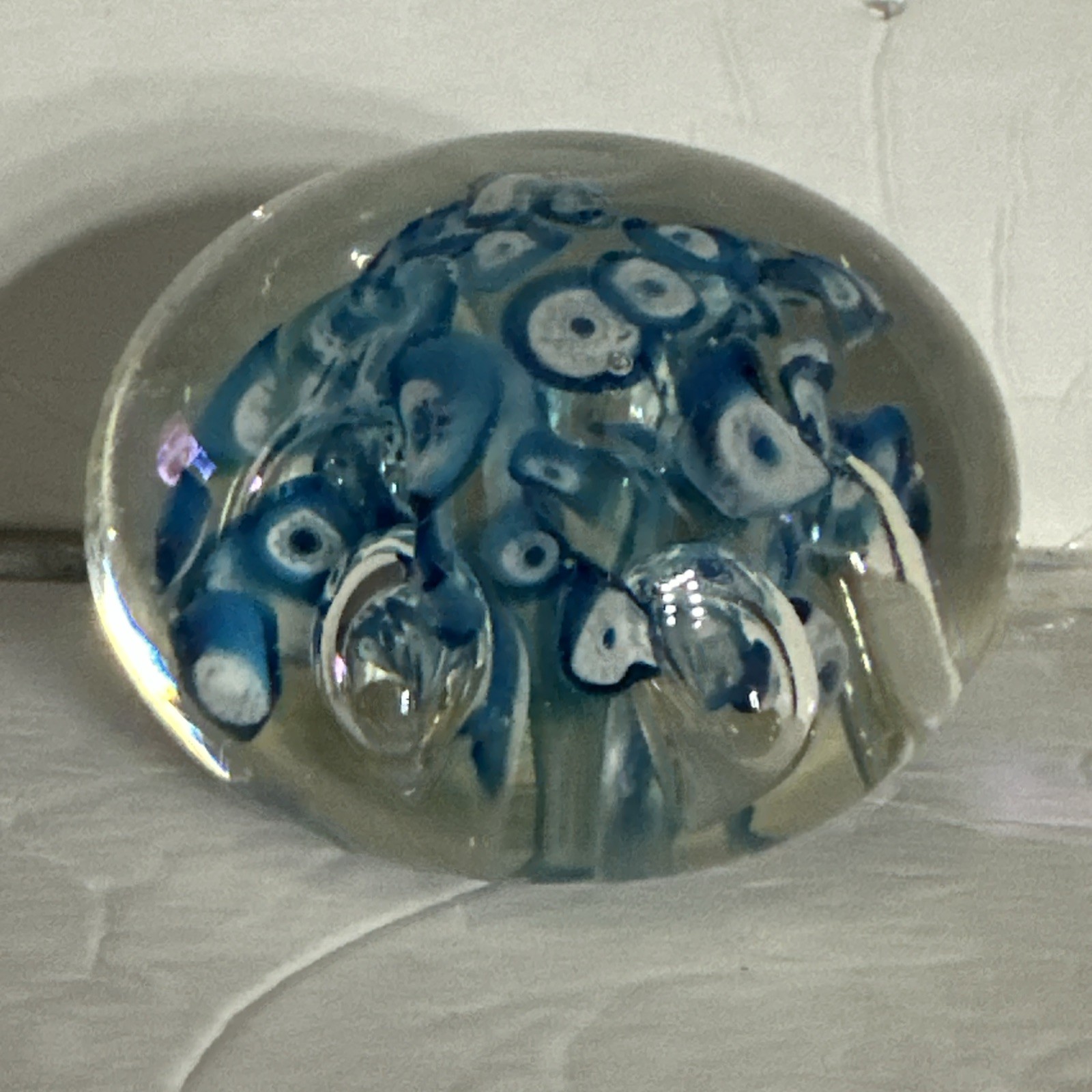 Vintage Art Glass Paperweight Round Blue & White With Controlled Bubbles Ribbon
