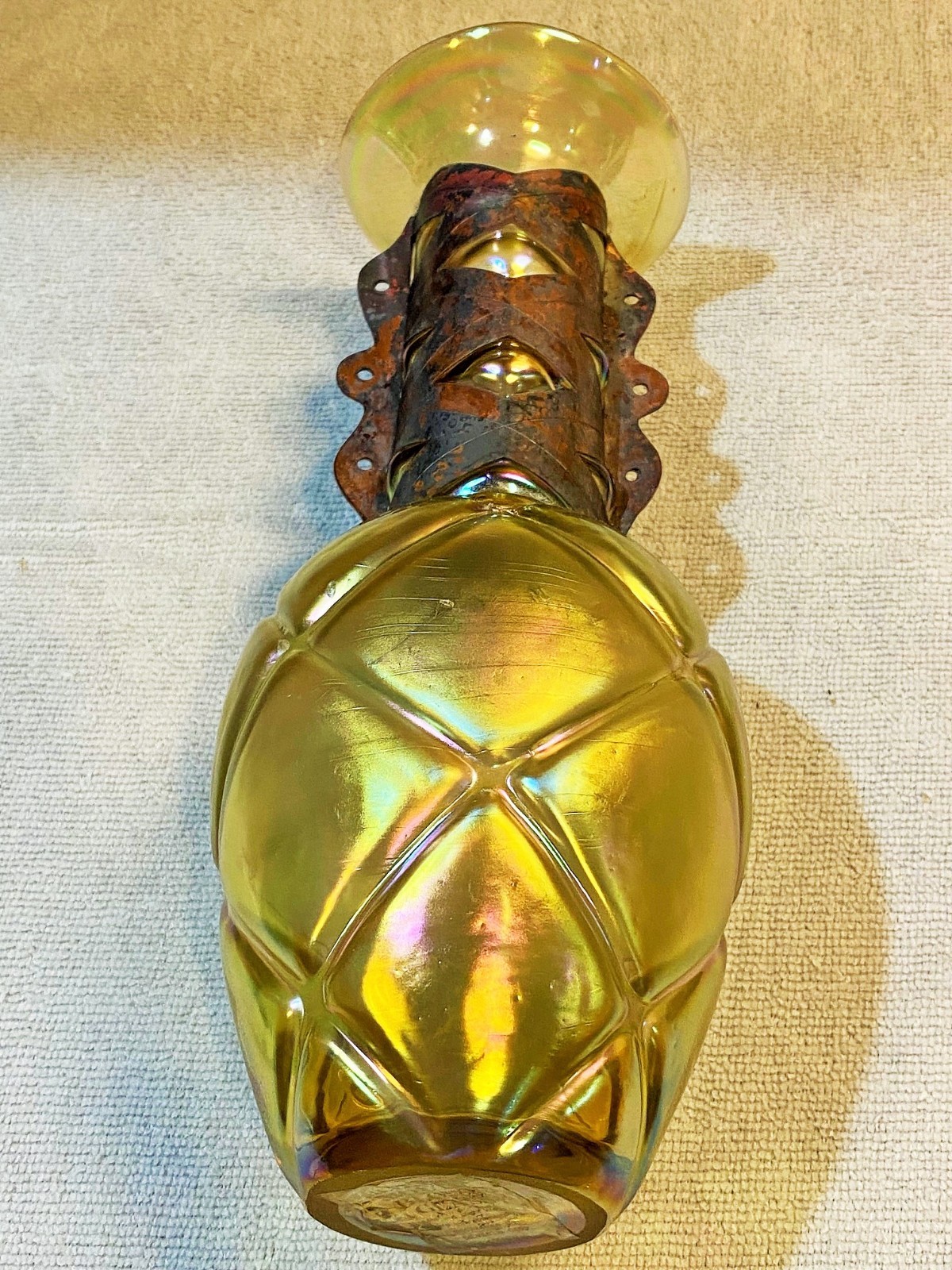 Silvestri Mouth Blown Iridescent Glass Vase Copper Cuff Brutalist Italian 10.5″