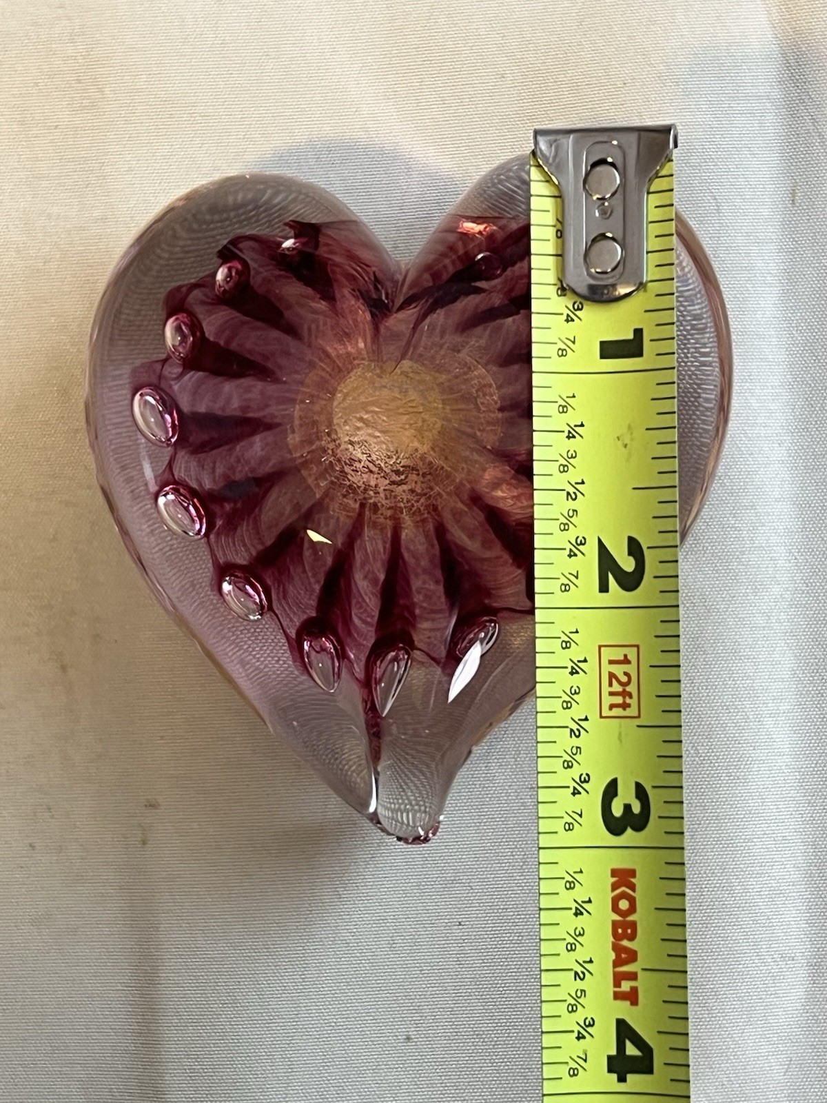 Clear Art Glass Heart With Cranberry And Gold Signed 3”