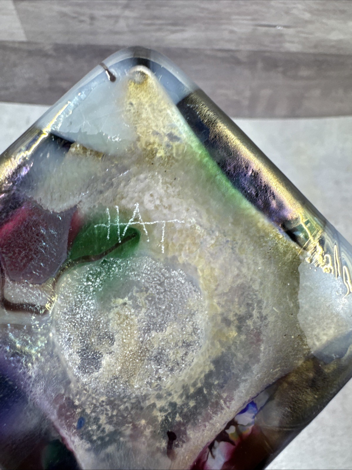 Herb A Thomas Art Glass Vase Iridescent Blue Purple w/ Floral Flowers 6” Signed
