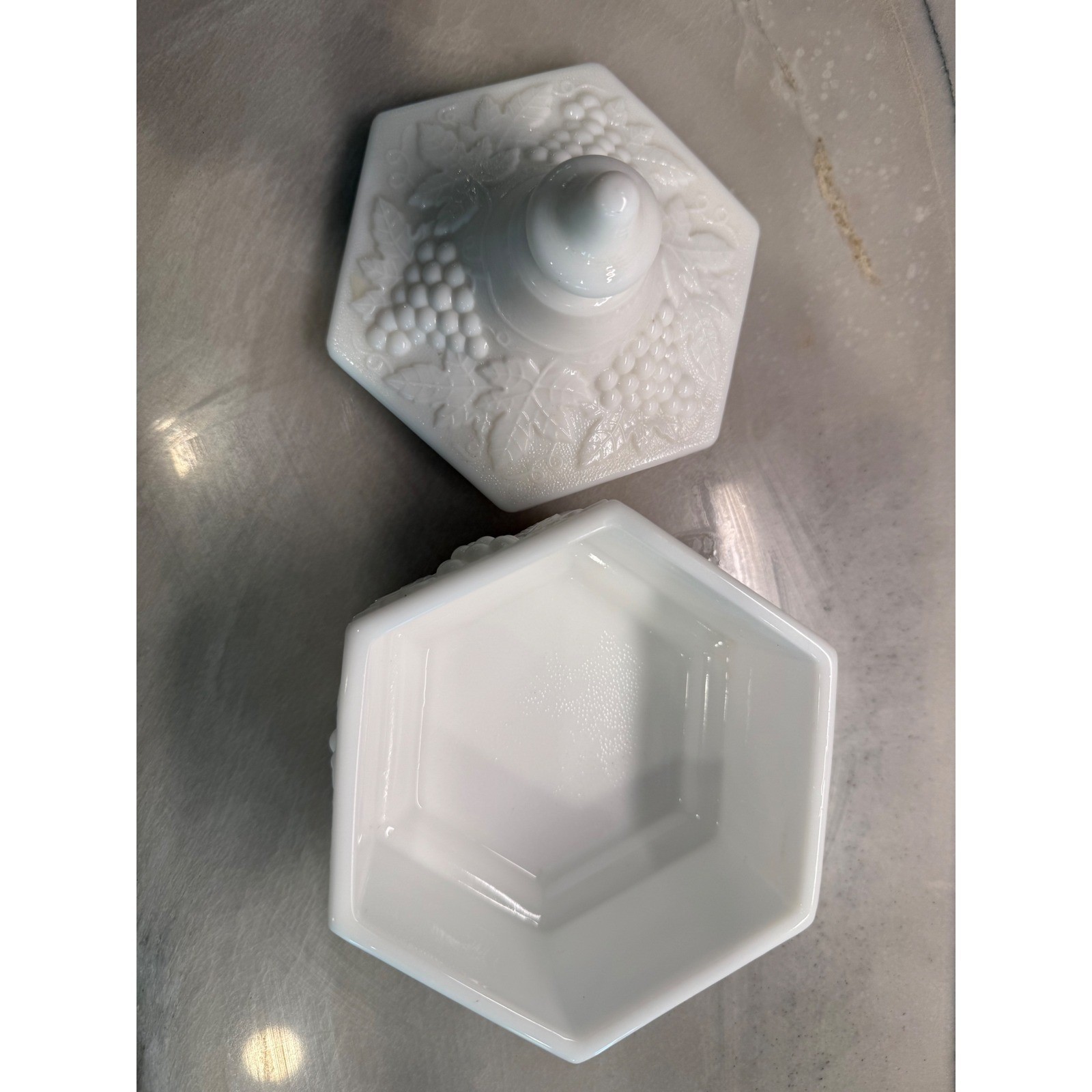Imperial Glass Milk Glass Grape Hexagon Candy Dish with Lid Vintage IG Mark