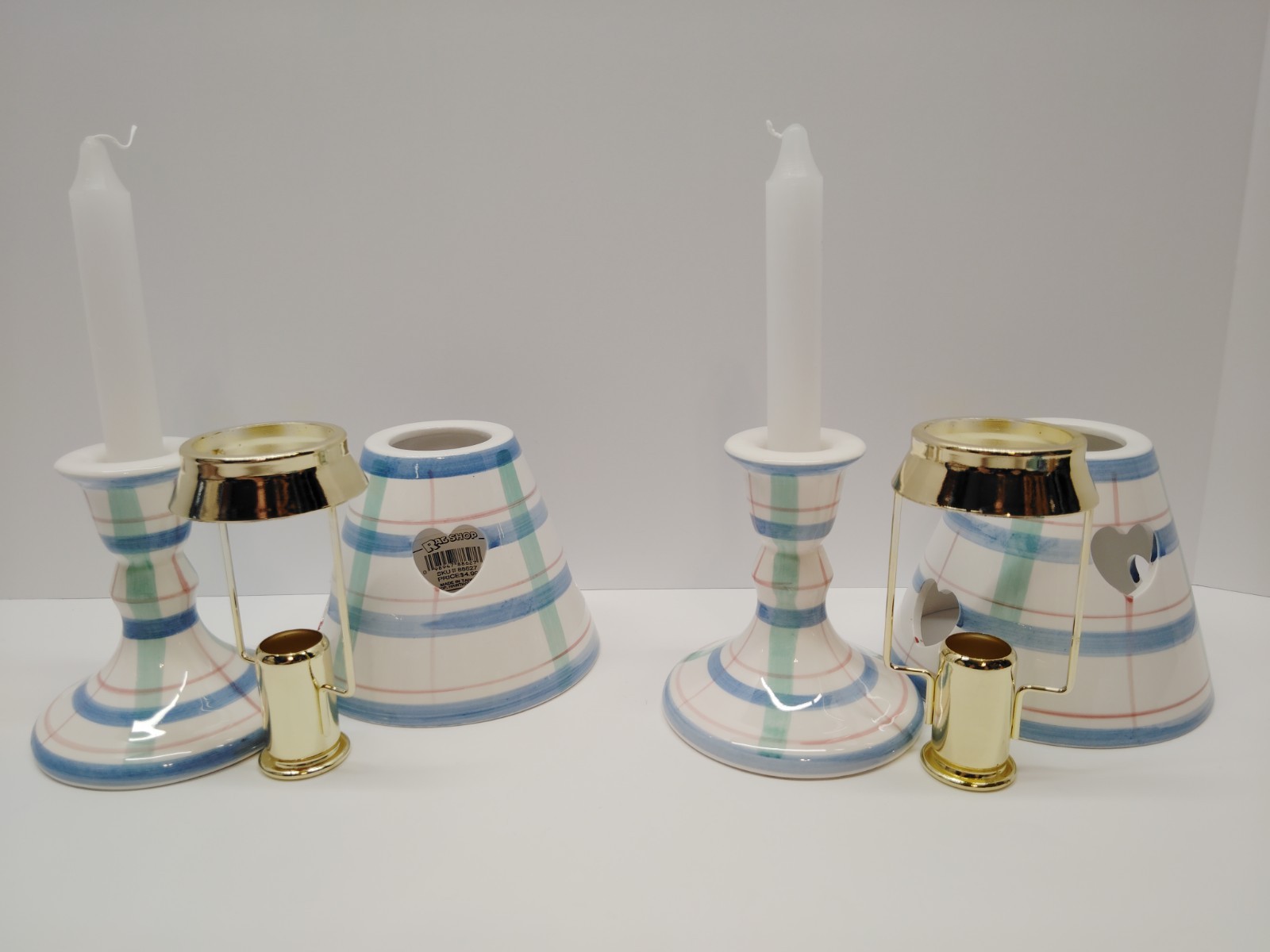Vintage Plaid Taper Ceramic Candlestick Holders w/ Shades 9”- Set of 2