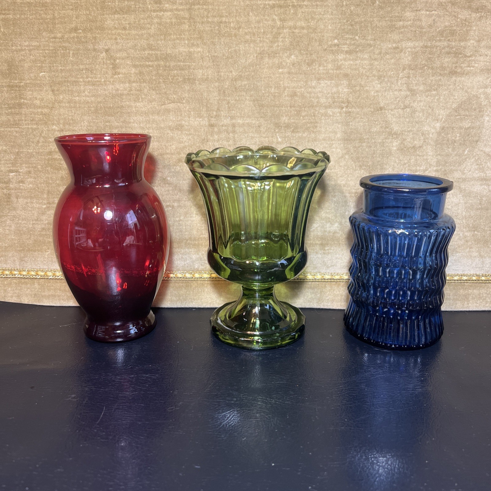 Vintage Royal Ruby Red Moss Green Sapphire Blue Vase Lot Trio Transparent Glass