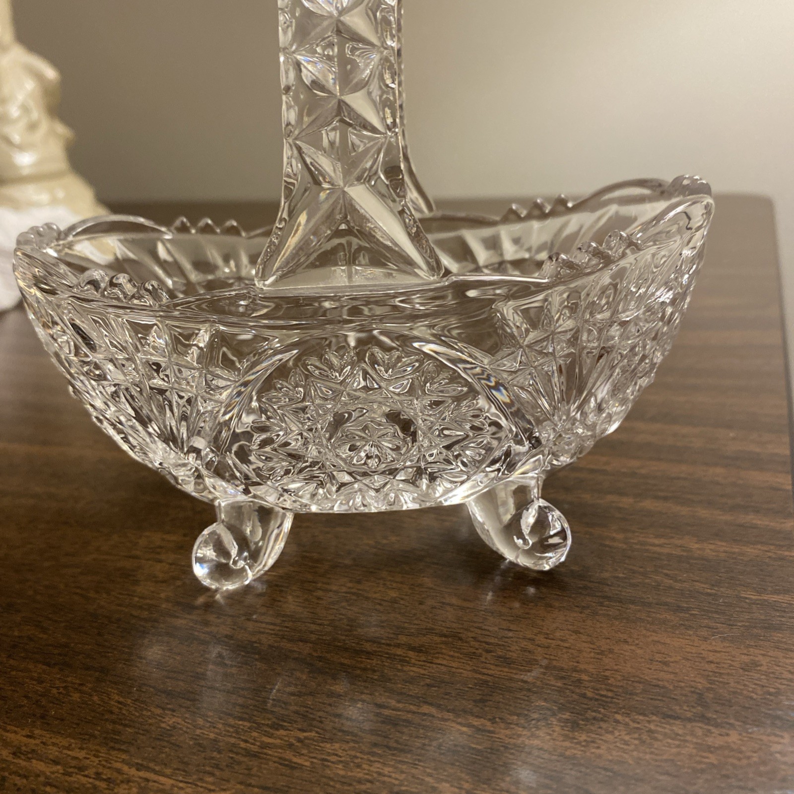 Vintage Candy Dish Basket Shaped Glass Bowl With Handle Cut Glass