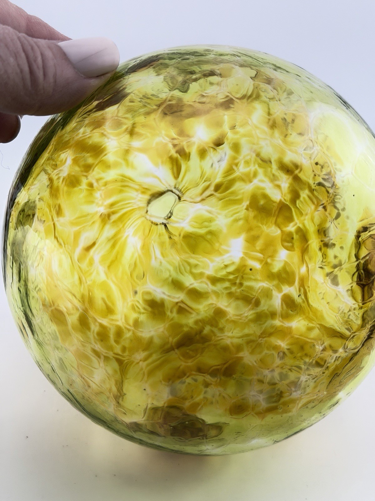 Handblown Art Glass Ball Bud Vase Yellow Brown Swirls 5”x4” 10oz. Nice!