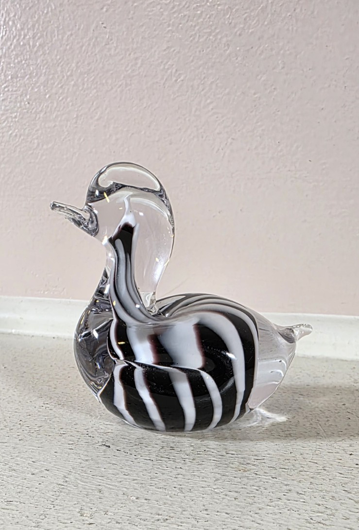 Vintage Enesco Clear Black White Swirl Hand Blown Glass Duck