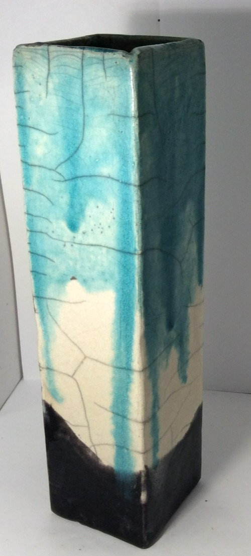 RAKU Fired Square Bud Vase Teal Drip