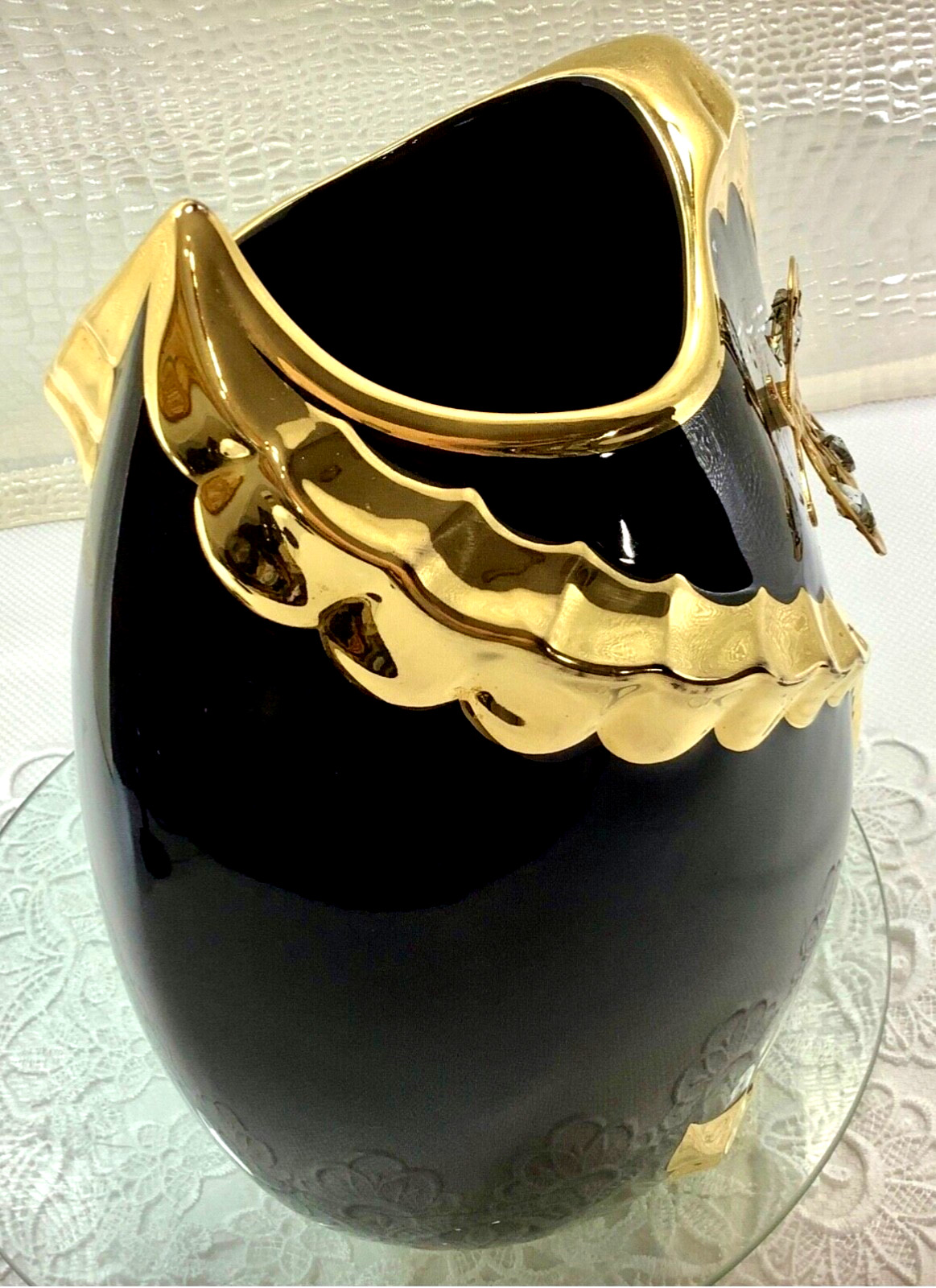 BC Creazioni Dipinto a Mano Signed 12” Black Gold Gilt Encrusted Vase Crystals