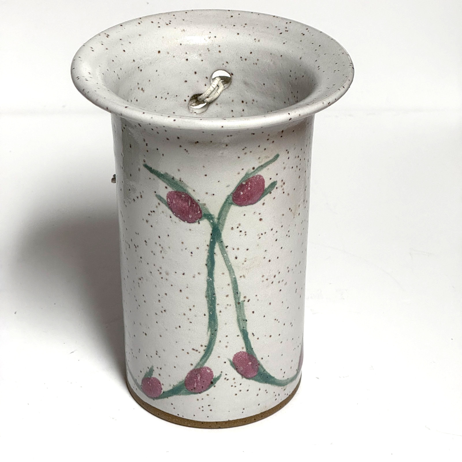 Studio Art Pottery Gray Speckled Stoneware Vase Crock 6.75″ Flower Buds SIGNED