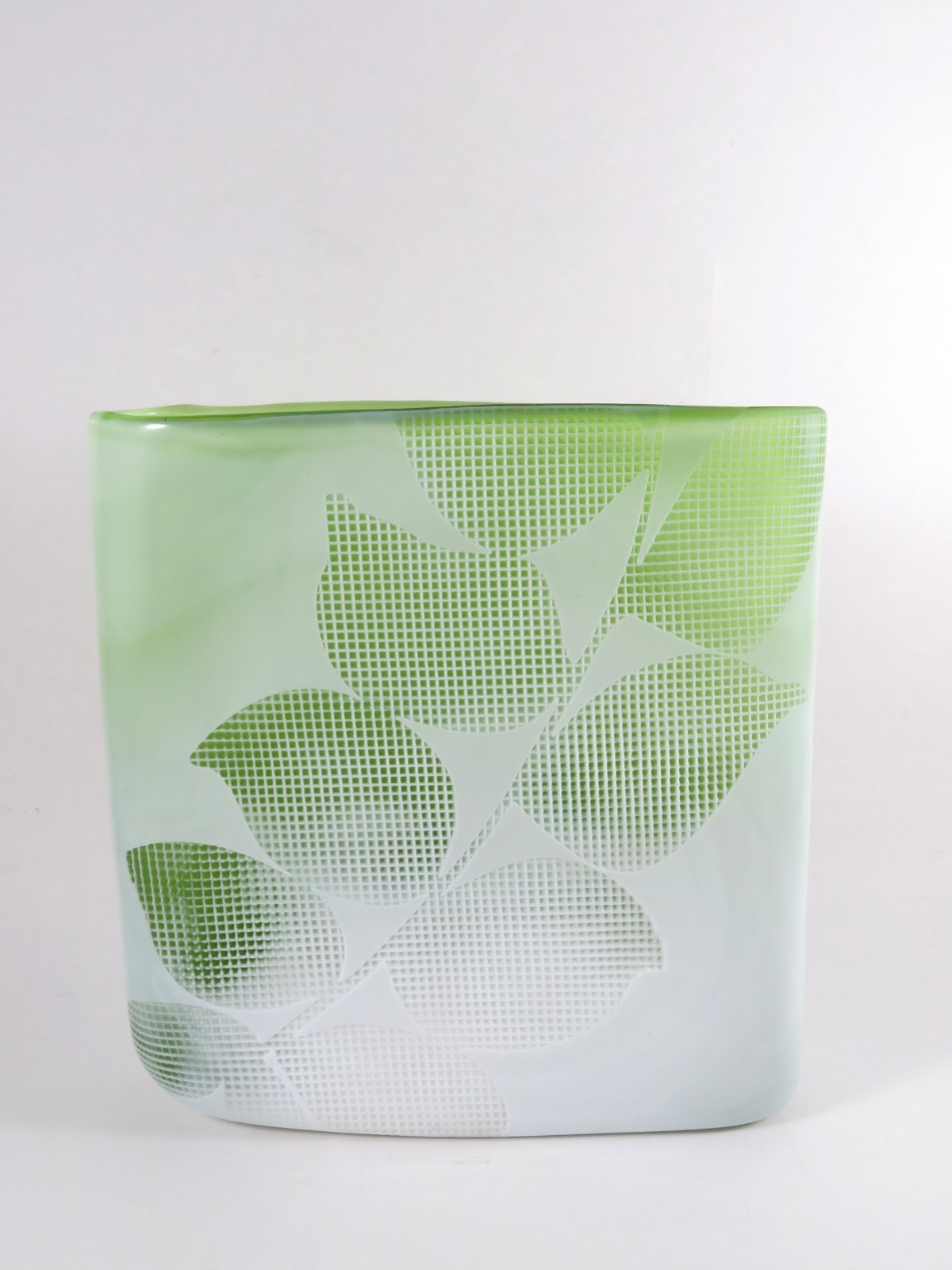 Heavy Blown Cased Glass Vase Green White Embossed Grid Leaves 8X7.5X2.75 Inches