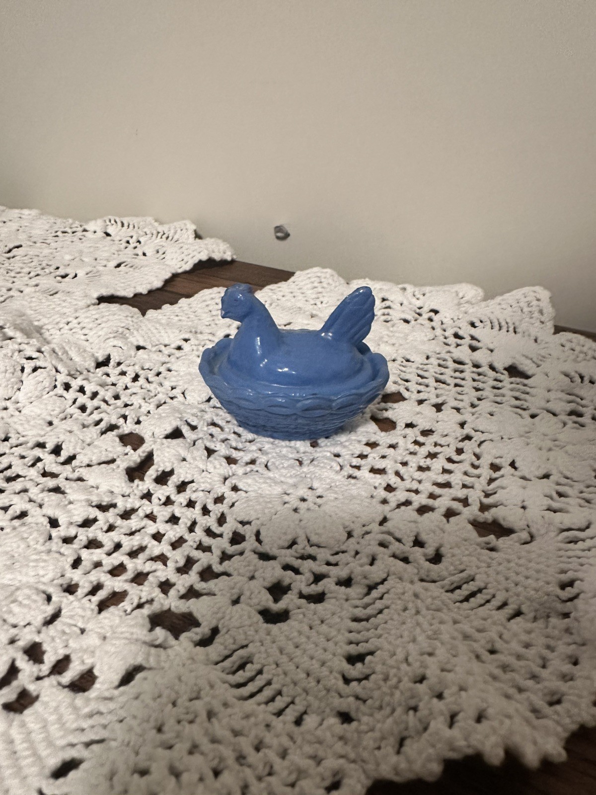Westmoreland Milk Glass Fired on Blue Mini Hen On Nest Mini Salt Dip Miniature