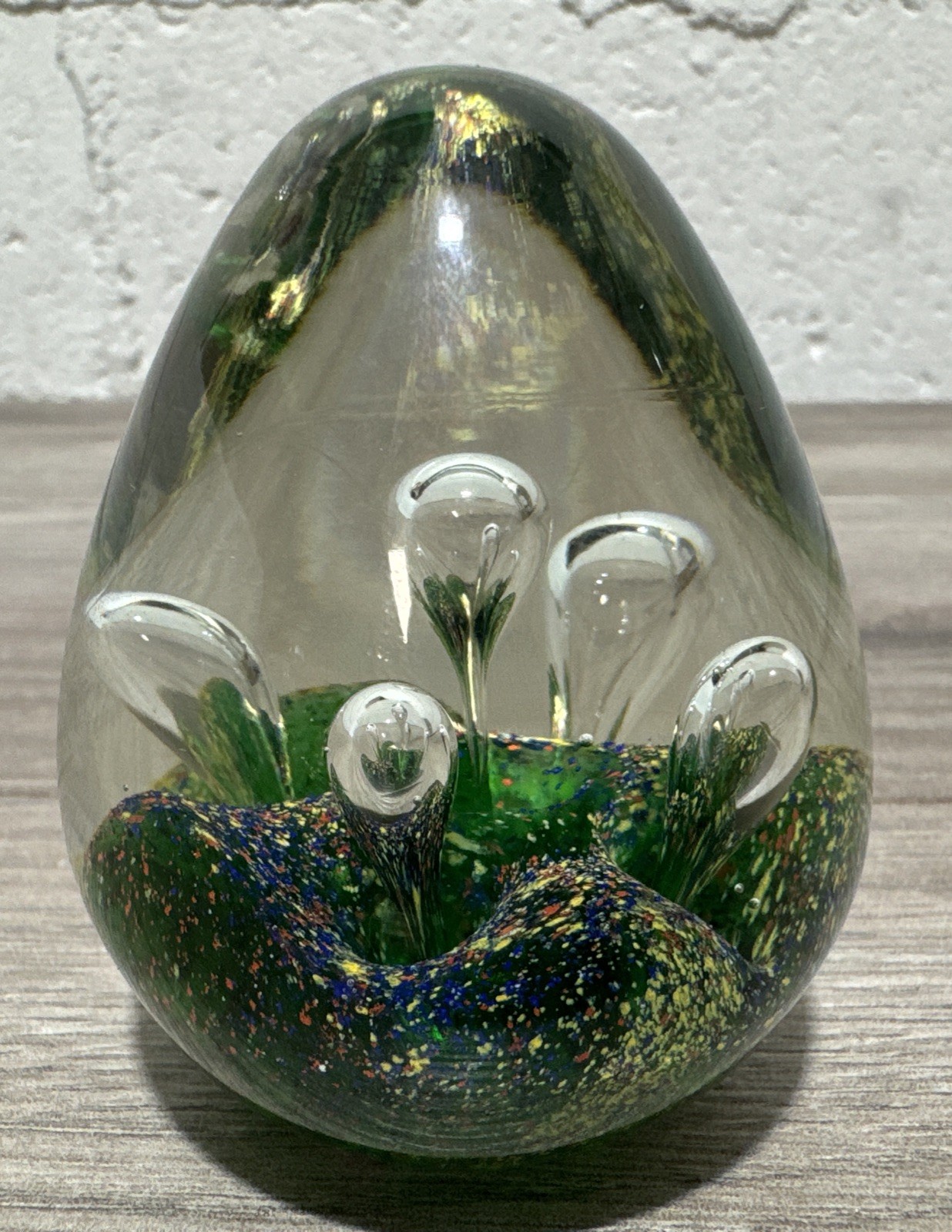 Vtg Art Glass Egg Shaped Paperweight Green Yellow Blue Red 3”
