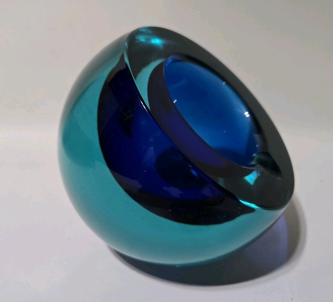 Rare Murano MCM Orb Ashtray Green To Blue Art Glass *Read Description*