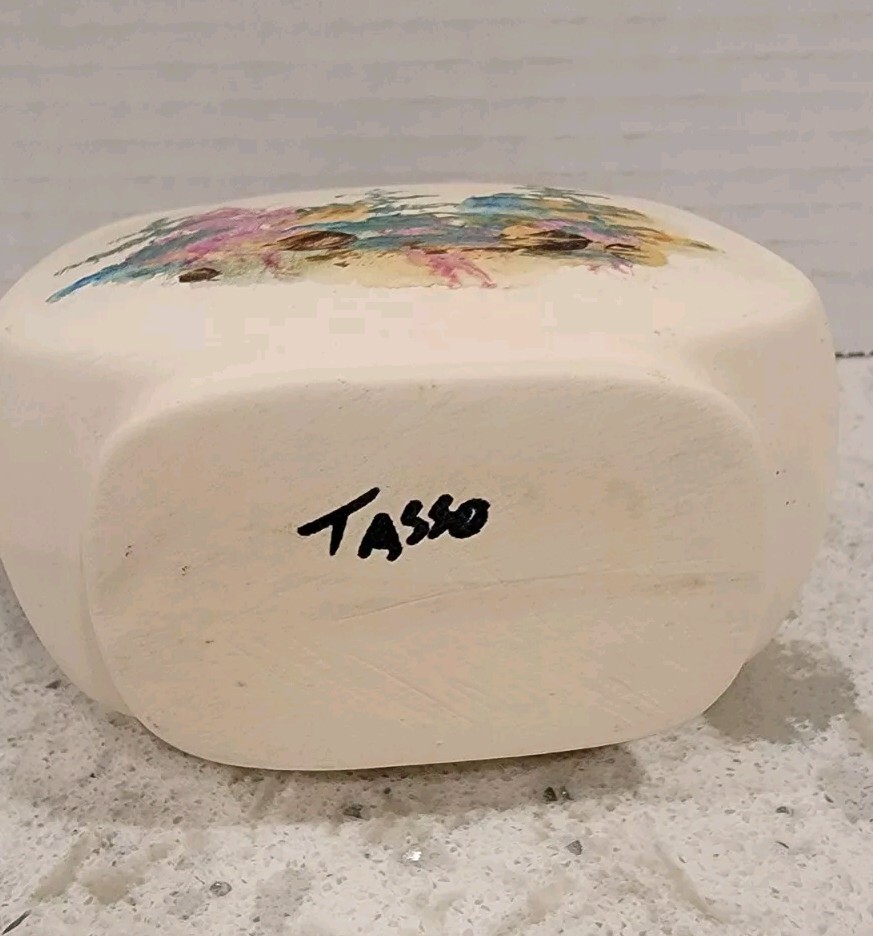Cactus Southwest Themed Vase Tasso Hand Painted Teal Purple Golds 4″ Tall