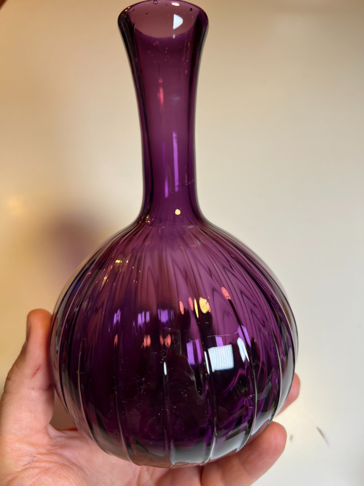 Vintage MFA BOSTON Hand Blown Amethyst Purple Art Glass Vase Ribbed Melon Onion