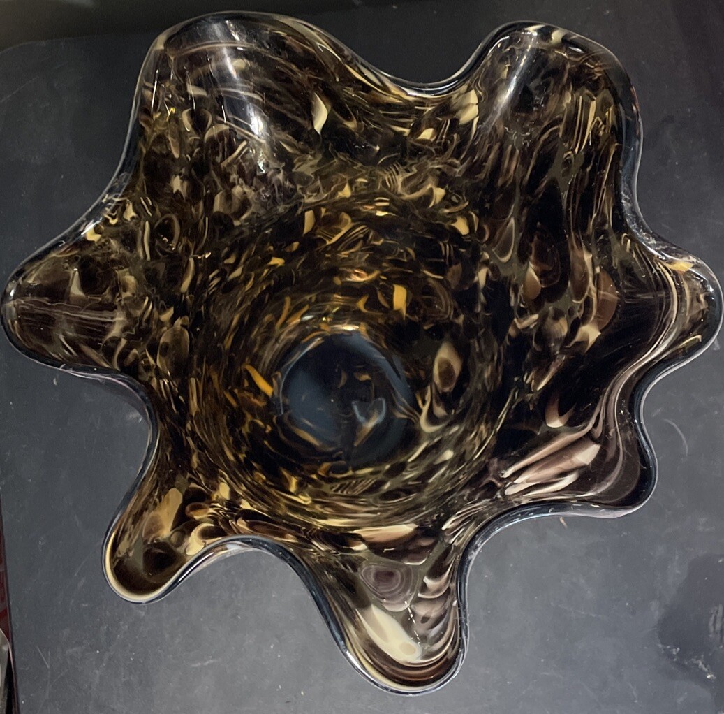 Ruffled Handkerchief Edge Murrhina Vase Brown & White Art Glass 8”