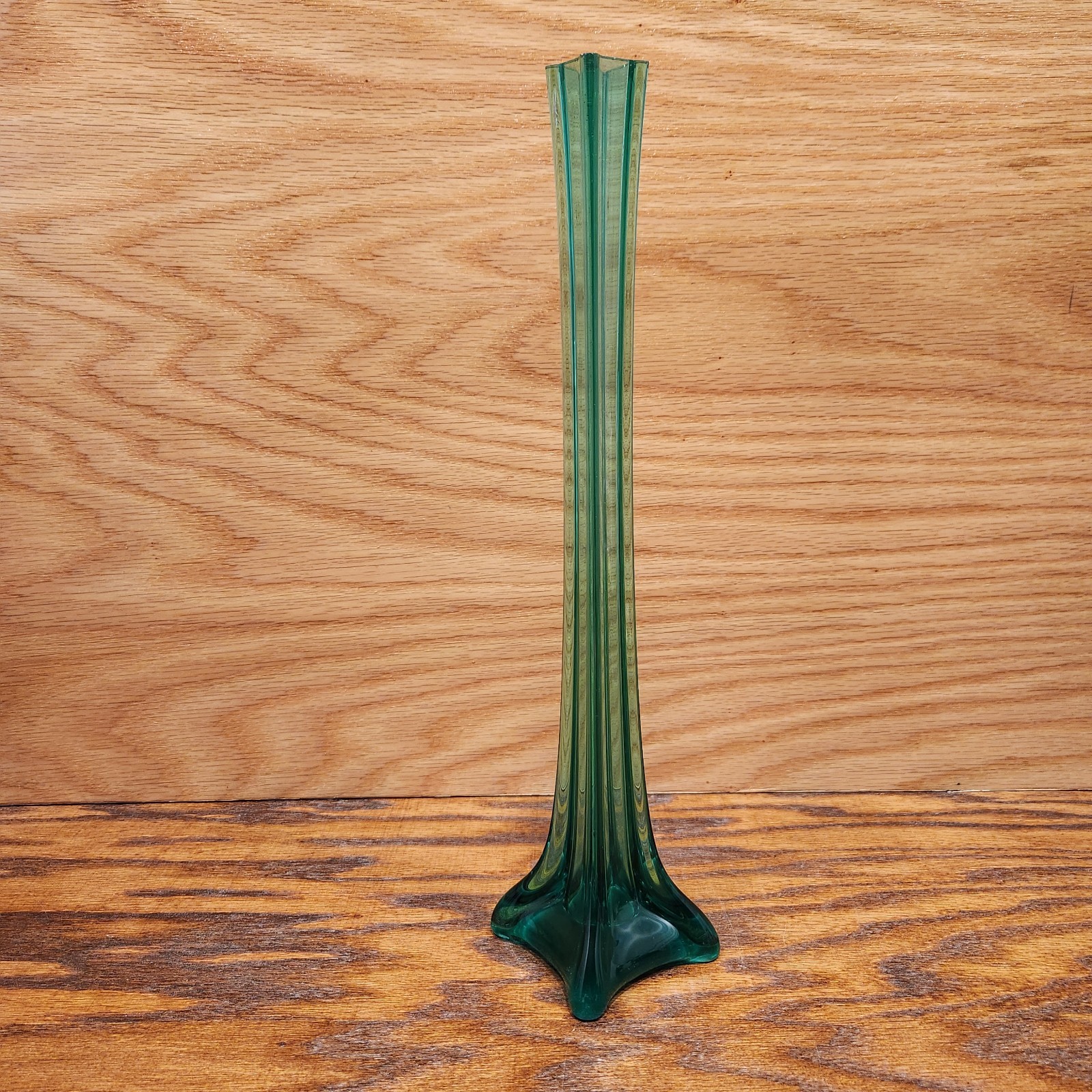 CHIP Vintage Square Base Footed Stem Bud Vase 15.75″ Green Teal Glass