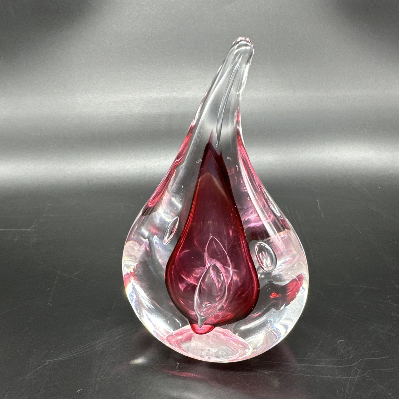 Adam Jablonski Crystal Pink Teardrop Paperweight 5.5″ Cranberry Bubble Poland