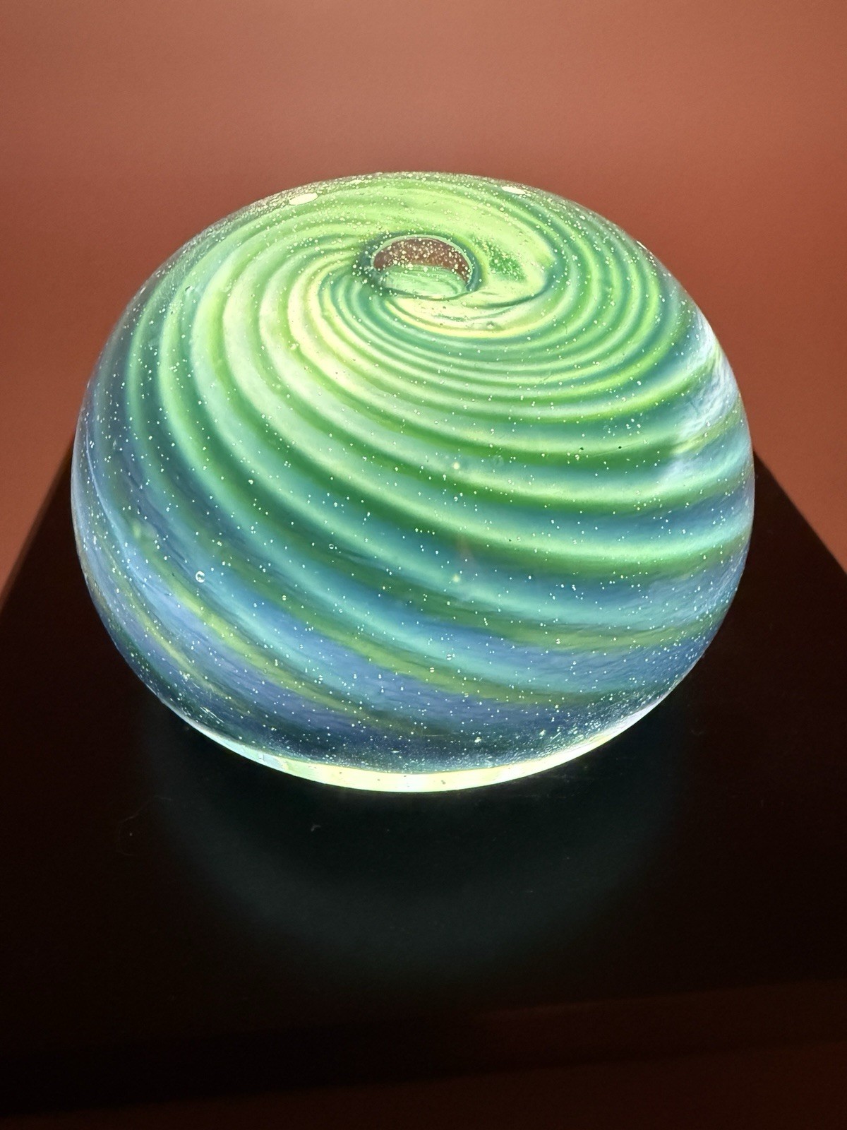 Island Studio Glass Guernsey Blue Green Swirl Art Glass Paperweight w/ Sticker