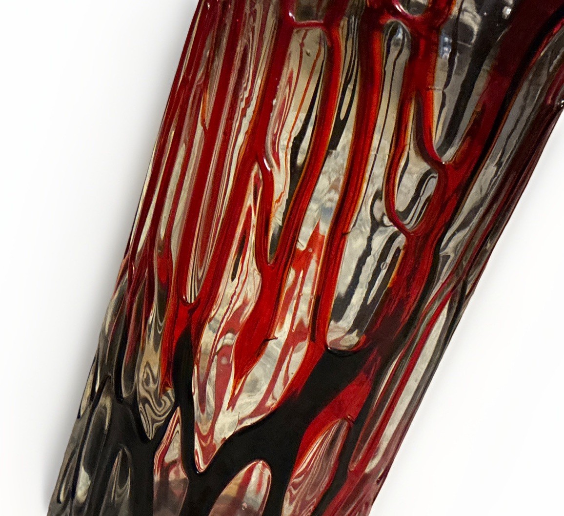 10” Red Black Clear Abstract Art Glass Cylinder Vase MCM Glossy Finish unique