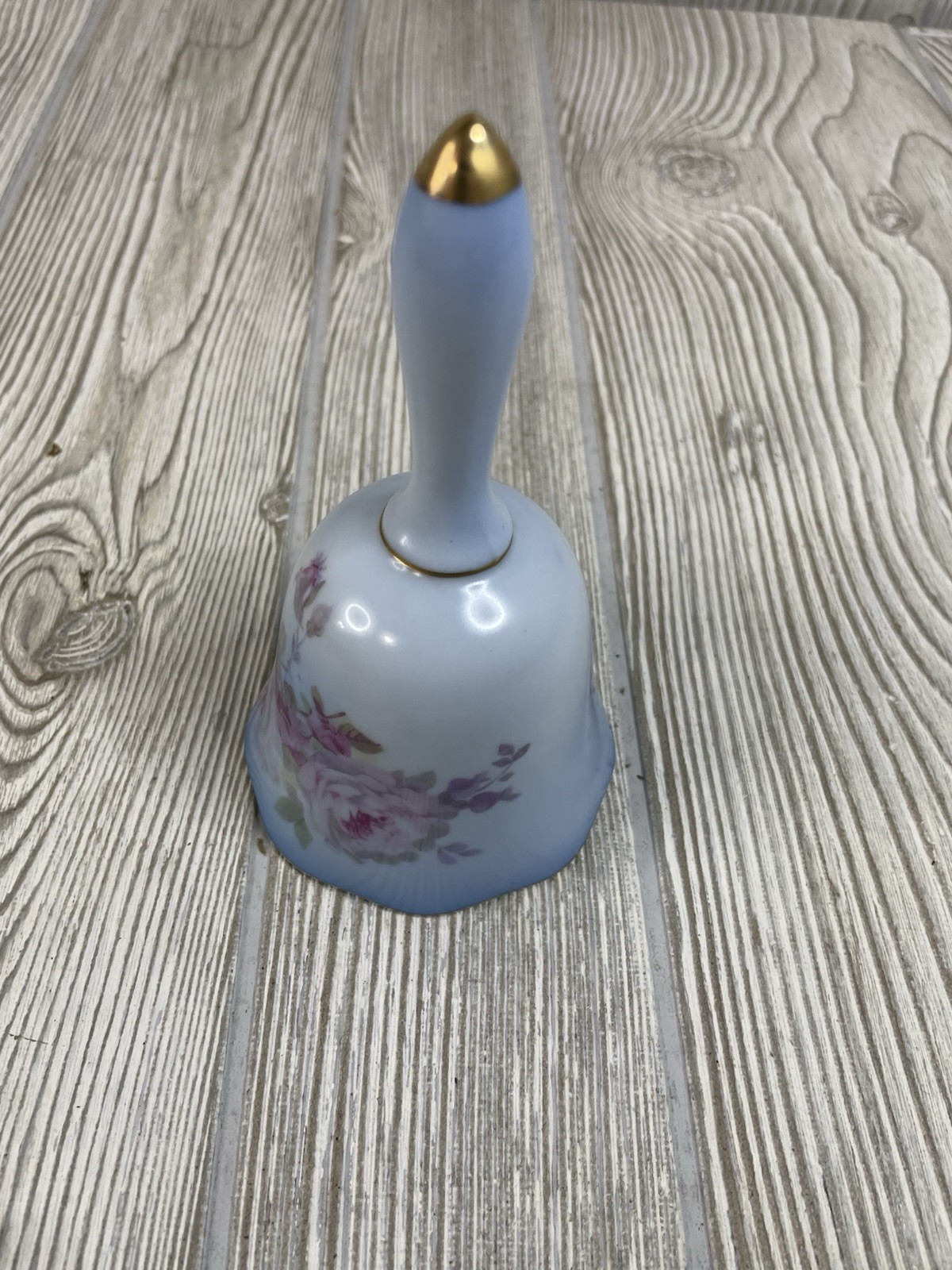 Hand Painted Nippon Japan Table Bell Blue Matte Rose Floral VTG 5.5in