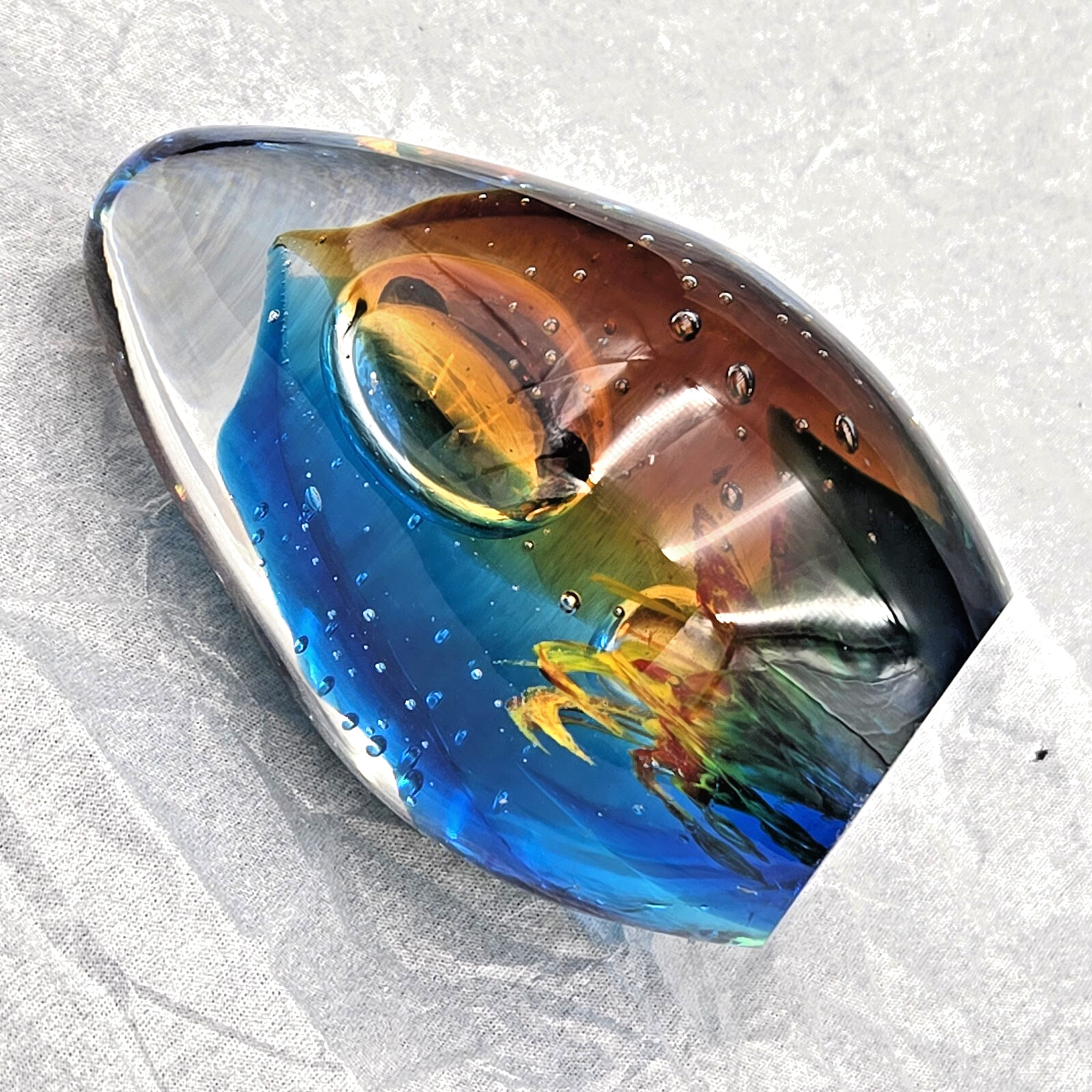 Glass Egg Shaped Paperweight Vtg Clear, Blue & Orange w/ bubble & sea grass 4.5″