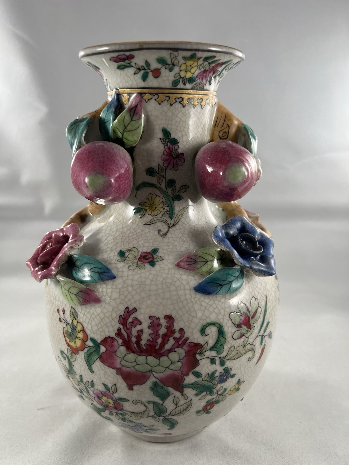 Vtg Amita Chinese Hand Painted Pottery Vase With Crackle Finish. Fruit Statement