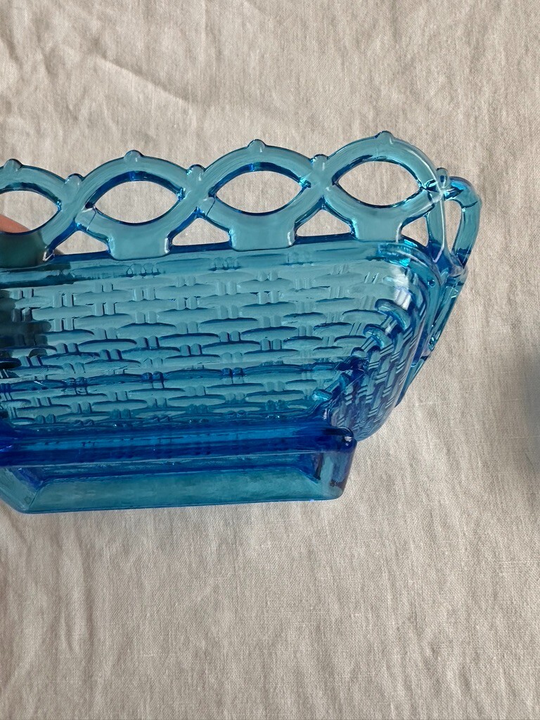Vintage Indiana Glass Lace Edge Horizon Blue Tray ART GLASS BASKET HANDMADE